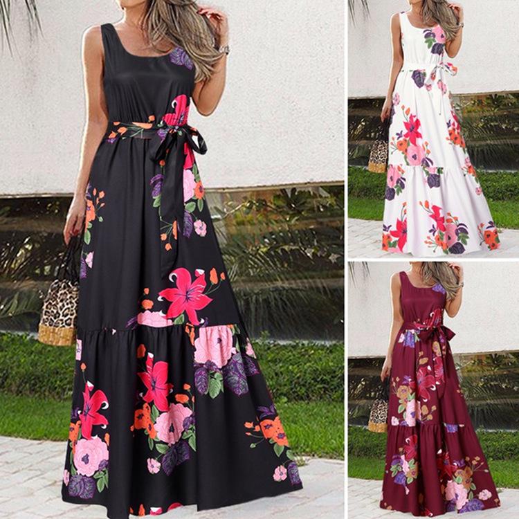 European & American Summer Print Casual Long Dress with Belt 2023