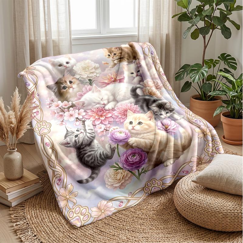 Floral Kittens Dreamscape Theme blanket Lightweight Warm Flannel Blanket Decorative Throw Blanket for Home Decoration