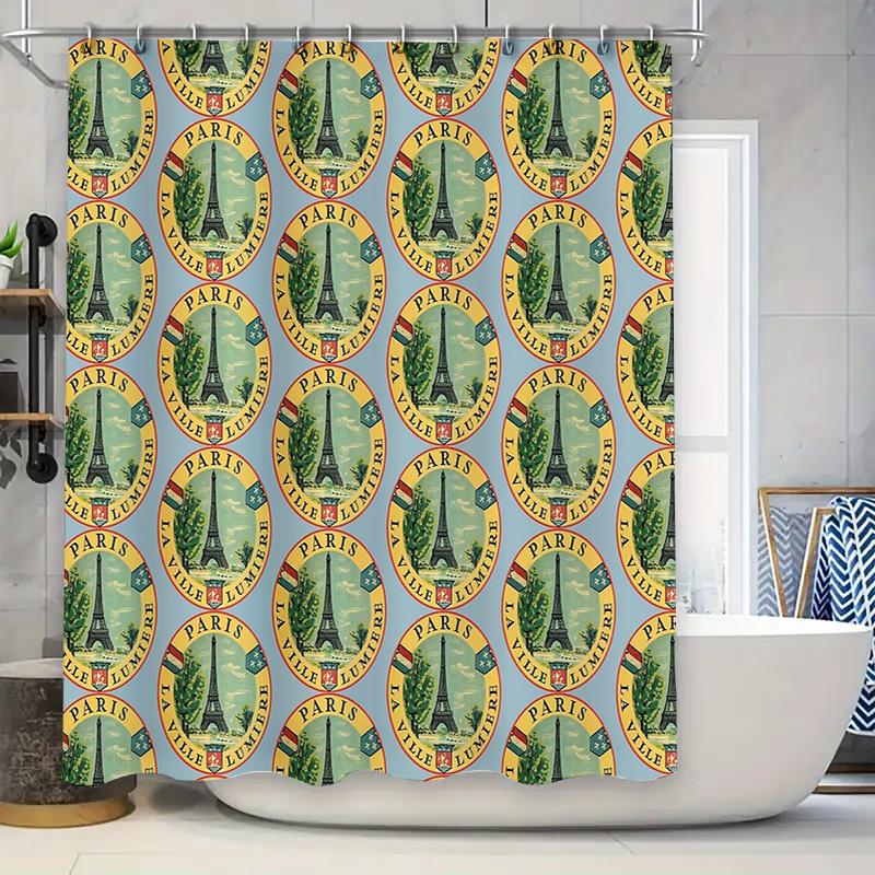 Floral Shower Curtain Vintage Paris Eiffel Tower Botanical Washable Fabric Bathroom Decor 90x180cm