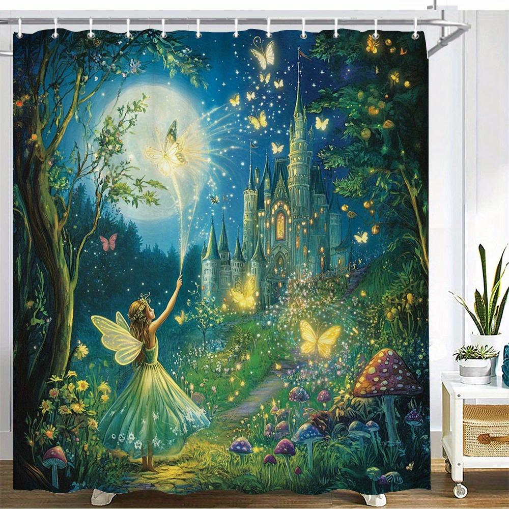 Enchanted Fairy Castle Waterproof Mildew-Resistant Shower Curtain -Magical Forest Design for a Fantasy Bathroom Décor Experience