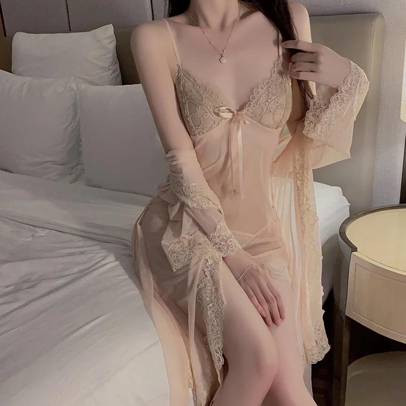 Dame Silke Pyjamassett Gjennomsiktig Mesh Gjennomsiktig Spaghettistropp Pyjamas Dame Nattkjole Sexy
