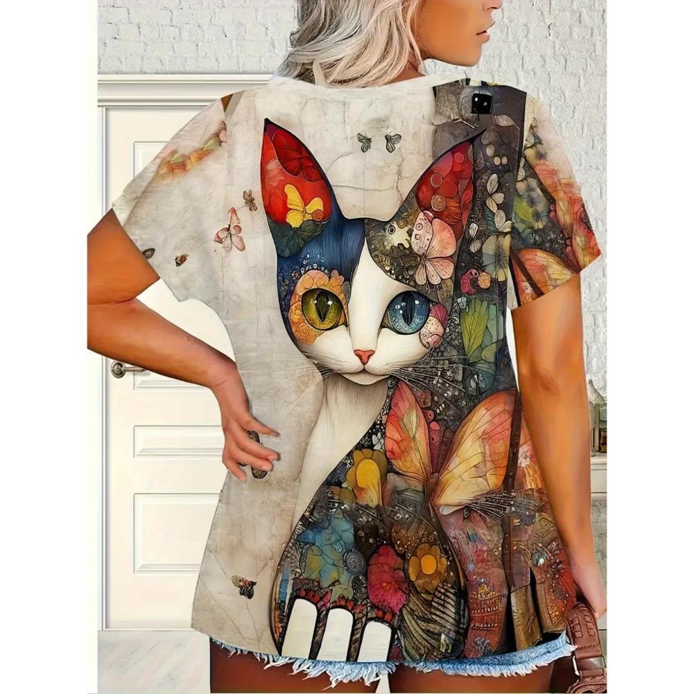 Plus Size Casual Crew Neck Short Sleeve Cat Animal Print T-Shirt - Soft Stretch Polyester Fabric Spring and Summer Womens Relaxed Fit Clothing