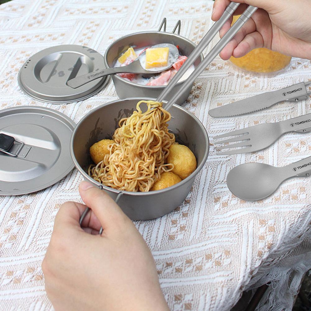 TOMSHOO Titanium Flatware Knife Fork Spoon Set Lightweight Ti Camping Utility Cutlery Set with Carrying Bag for Traveling Picnic
