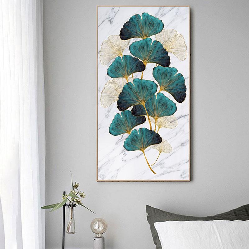 Verde, auriu, frunze de plante, poster abstract, imprimare canvas nordic, pictură de artă de perete, imagine modernă, decorare intrare pentru sufragerie