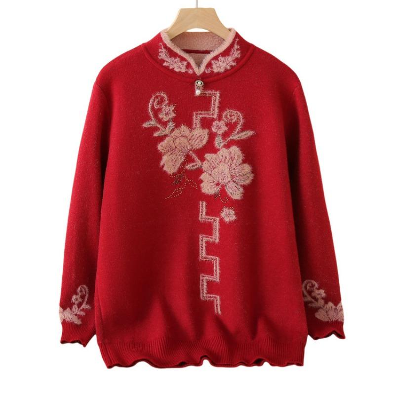 Middle-aged and Old Women's Clothing Autumn and Winter Fleece Thickened Integrated Fleece Top Mother Winter Clothing Loose Warm Knitted Sweater