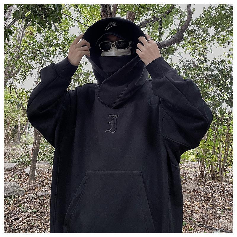 Men's High-Neck Embroidered Hoodie: Socially Anxious Ninja Style for Autumn/Winter