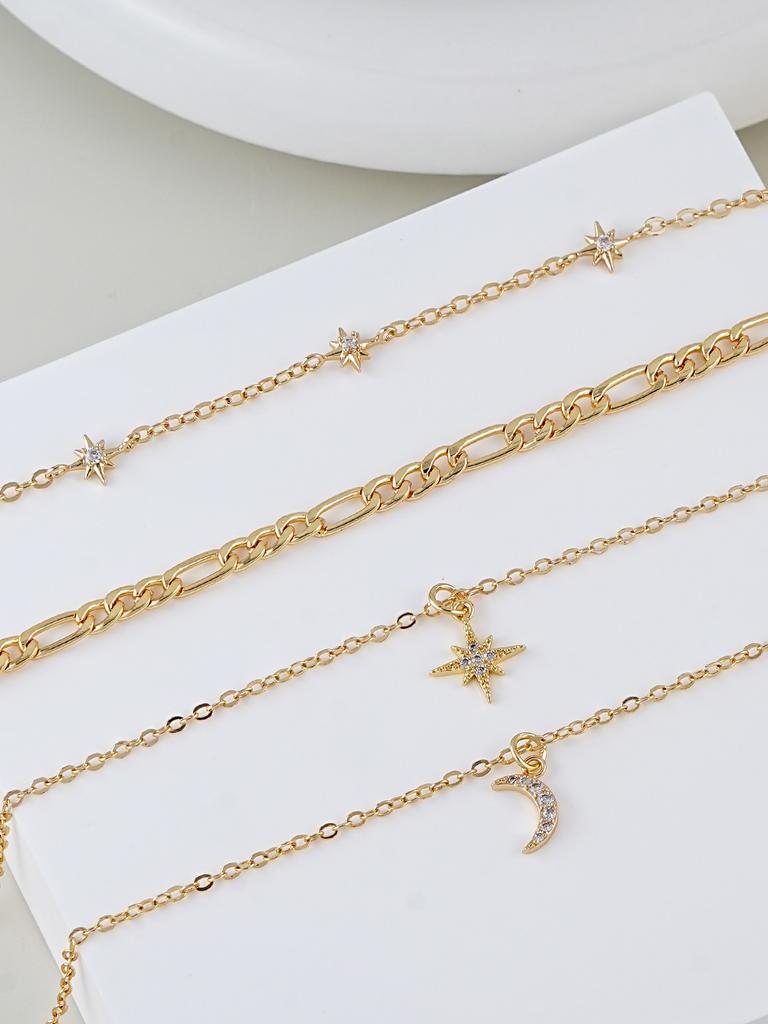 Elegant Cubic Zirconia Star & Moon Pendant Multilayer Necklace, Gold-Tone Chain Suitable For Women's Daily Wear, Party, Festival