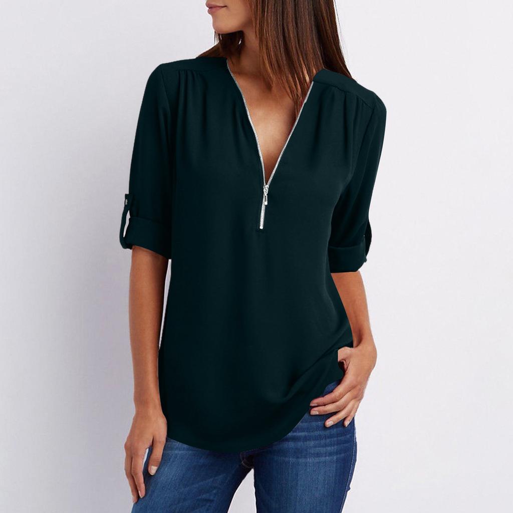 Women's Color Casual Fashion V-neck Zipper Long Sleeved Loose Chiffon Top With Adjustable Sleeves