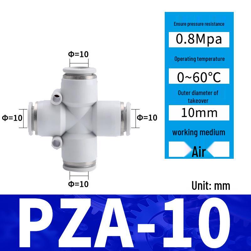 Pneumatic Nylon Air Hose Quick Connect Fittings: PU Straight, PY 5-Way, Cross 4-Way, PZA 3-Way, PE Connector with White/Blue Cap