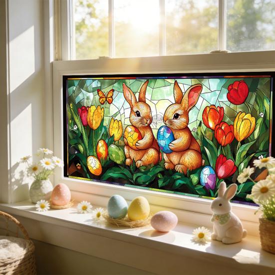 Yousheng Easter Window Clings Stained Glass Bunny UV Resistant Window Privacy Film Removable Static Decals for Living Room Bedroom Bathroom
