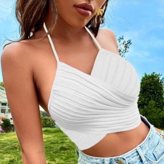 Hot Girl Cross Tie Halter Knitted Camisole Vest For Women Summer Sexy Short Bandeau Sleeveless Top