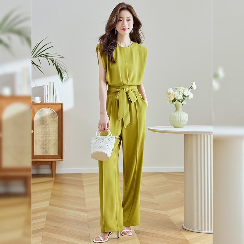 

Дизайнерский темпераментный костюм новый топ без рукавов брюки с высокой талией и широкими штанинами комплект из двух предметов XXL