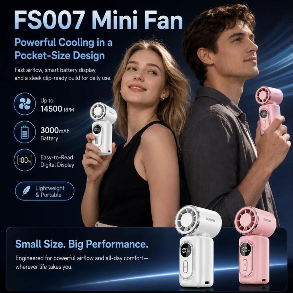 Lenovo FS007 Portable Mini Fan 3000mAh Rechargeable Handheld Cooling Fan with Digital Display Travel Camping Outdoor Pocket Fan