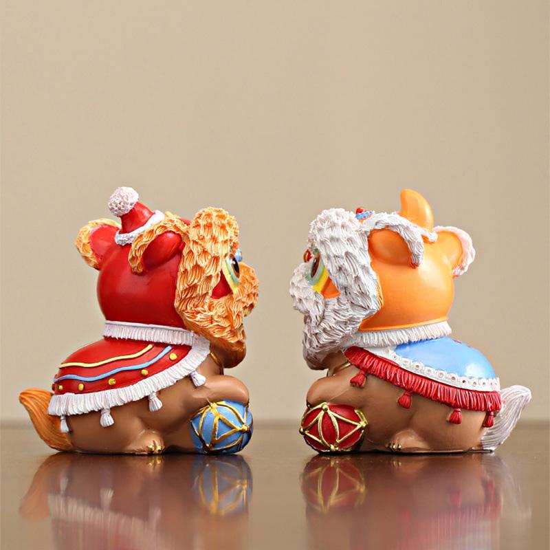 Resin Lion Dance Sculptures and Figurines Chinese Characteristic Mascot Luxury Home Room Office Table Decoration and Accessories