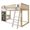 Loft Bed, Children's Bed, With Small Board for Painting, With Storage Box, Safety Rail, Storage Under the Bed, Pine + MDF, White+Natural, 90x200cm