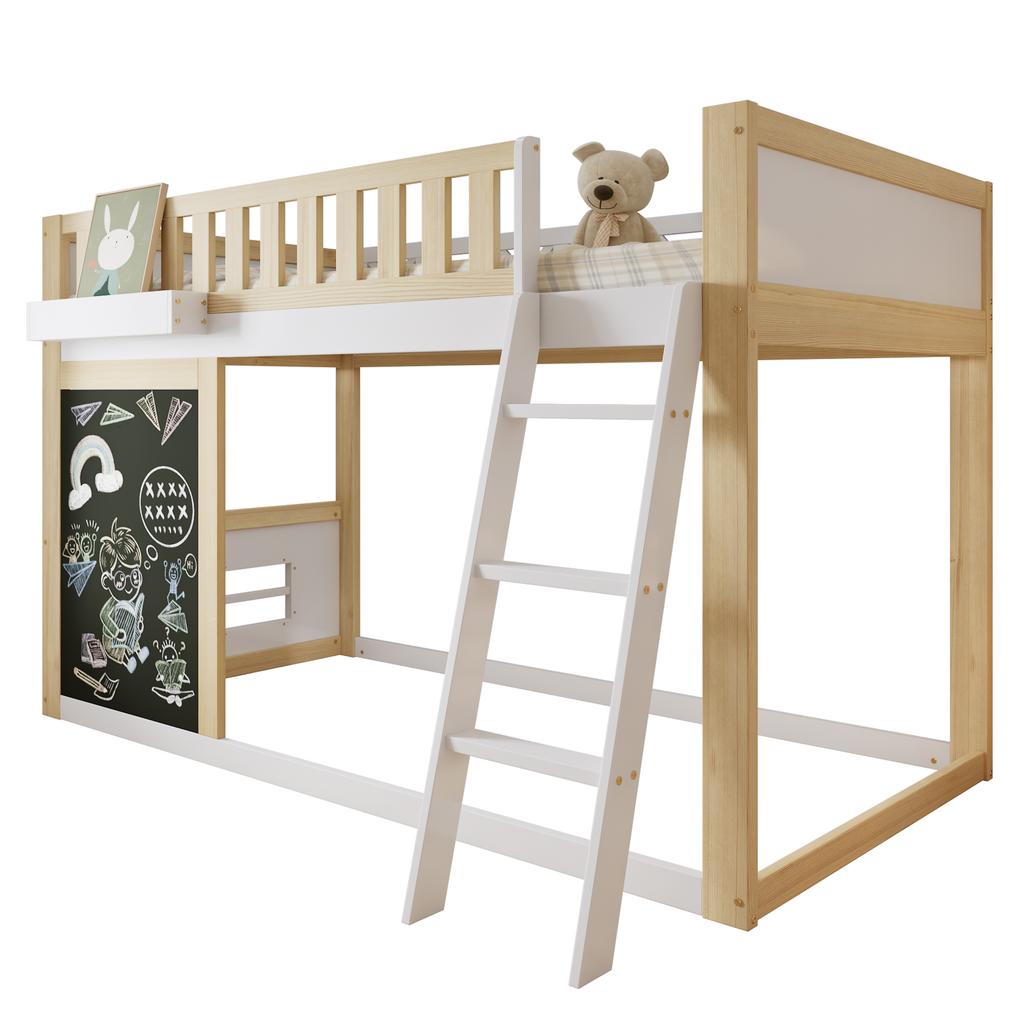 Loft Bed, Children's Bed, With Small Board for Painting, With Storage Box, Safety Rail, Storage Under the Bed, Pine + MDF, White+Natural, 90x200cm