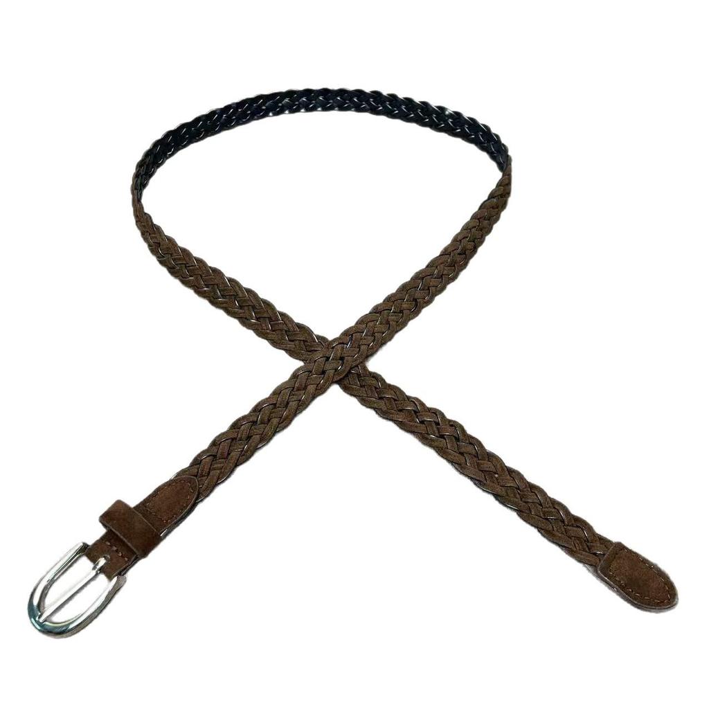 Korean Retro Coffee Velvet Woven Women's Belt with Handmade Pin Buckle – Stylish Pairing for Jeans