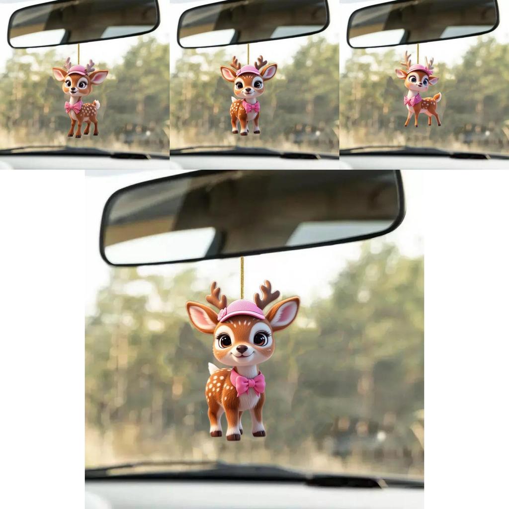 Auto Deko Acryl Cartoon Hirsch Spiegel Ornament Mit Rosa Hut Und Schleife Für Kinder Auto Innenraum