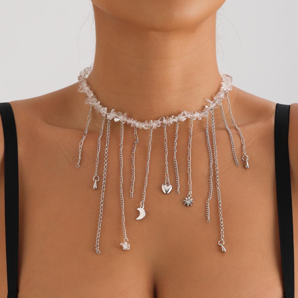 Jewelry Love Moon Tassel Element Clavicle Chain Sweet Cool Wind Crystal Natural Stone Necklace Female