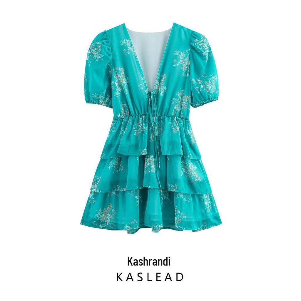 2025 Spring Women's Fashion: European & American Style V-Neck Short Sleeve Print Dress