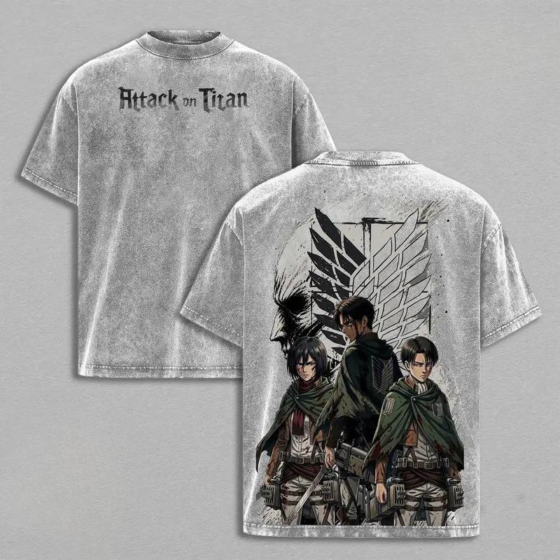 Attack On Titan Levi Eren Mikasa T-shirt Imprimé Hommes Femmes Coton Lavé T-shirts Manga Vintage T-shirt Harajuku Manches Courtes T-shirt
