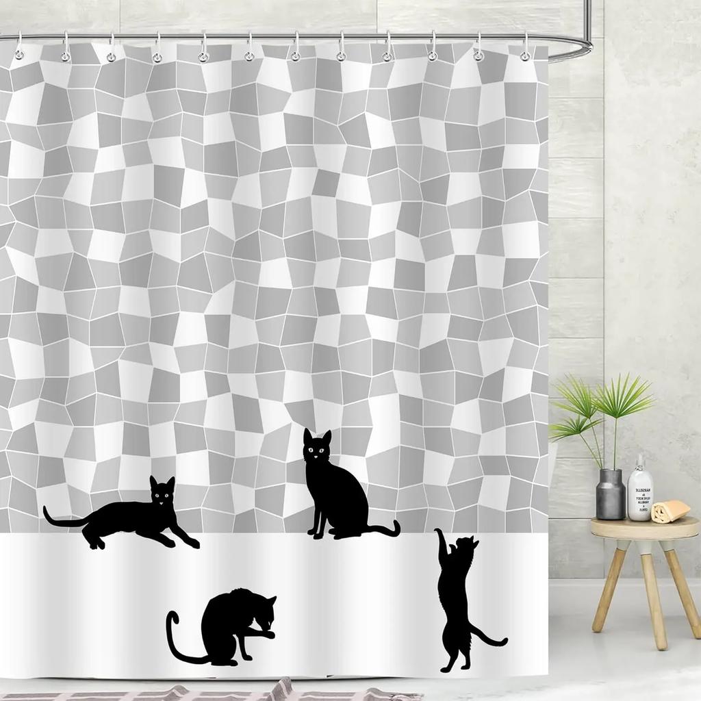 Cute Cat Shower Curtain,Funny Black Cat White Mosaic Bathroom Accessory Set,Black Fun Silhouette Shower Curtain Polyester Fabr