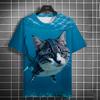 Summer Round Neck Ocean Cat Pattern 3D Print Top Fashionable Casual Short Sleeved Men's T-shirts