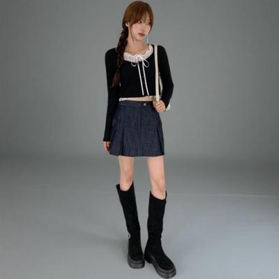New Arrivals Open Run Women Layered Crop Long Sleeve Knit Rib Button Lace Design