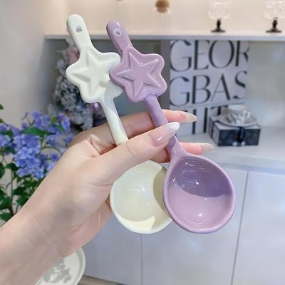 4ks Sada keramických hvězdicových lžiček v barvě makronek, 15cm domácí naběračka na polévku, Kreativní vysoce hodnotné lžíce na kaši, nudle, zmrzlinu, dezerty