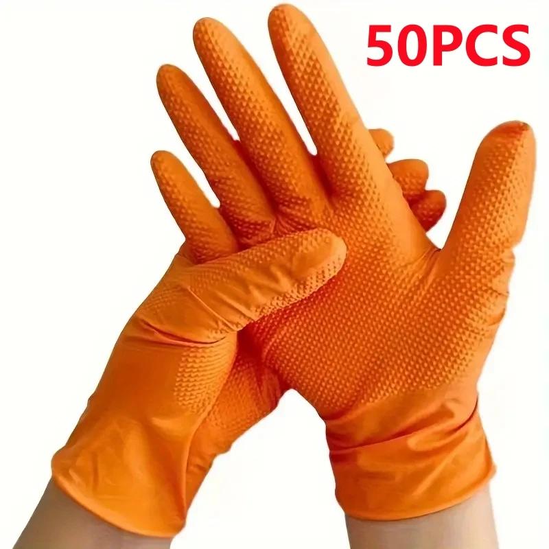 Heavy Duty Orange Nitrile Gloves 8Mil Industrial Disposable Gloves Mechanic Safety & Work Gloves with Diamond Textured Grip for