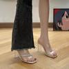 French cool slippers for women outside 24 summer popular diamond belt transparent square head showing legs long crystal thick heel 