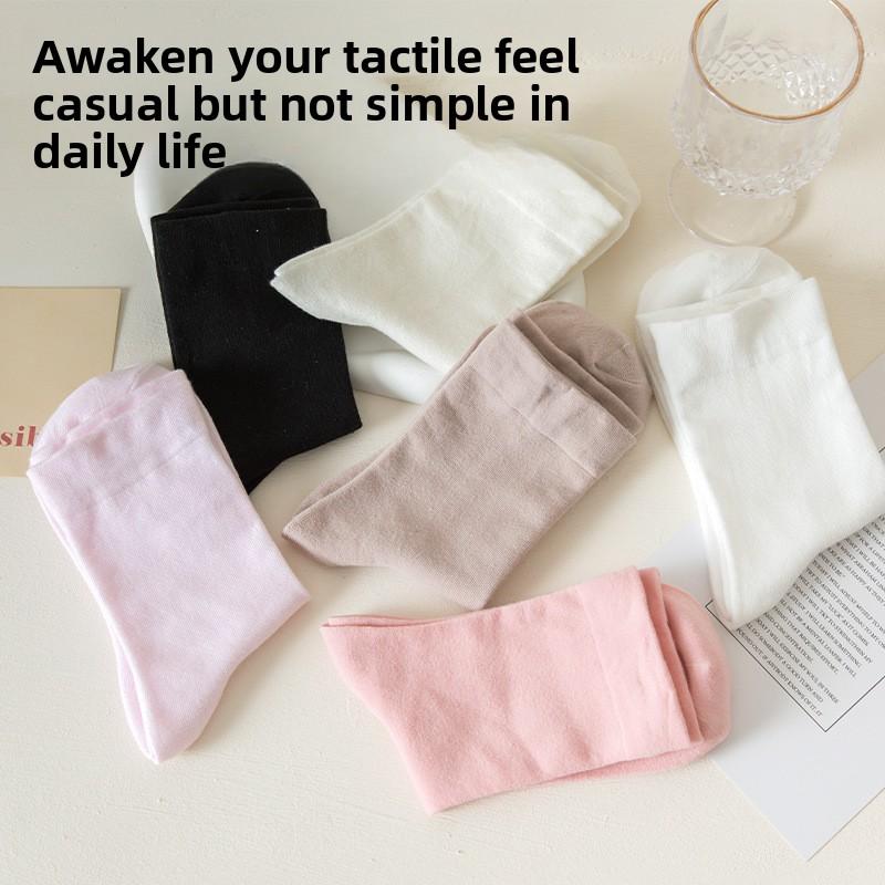 5 Pairs Socks Women's Mid-calf Socks Spring and Autumn Tide Solid Colour Cotton Socks Pink Stacked Socks Wholesale White Loose Monthly Socks