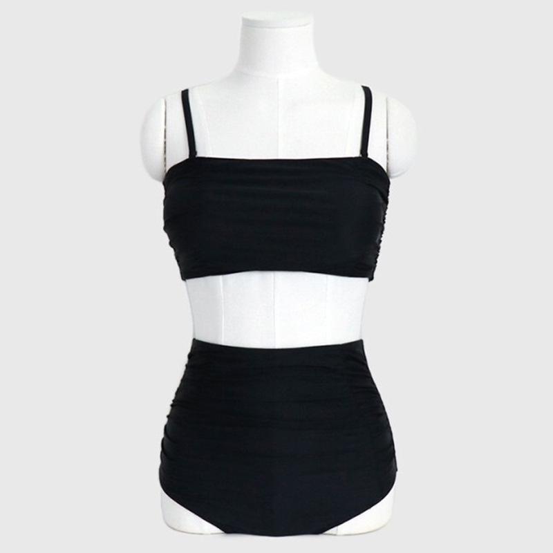 

Корейский стиль Черно-белый Купальник бикини без бретелей с высокой талией и плиссировкой - Стройнящий Сексуальный Раздельный дизайн для большой груди Medium чёрный