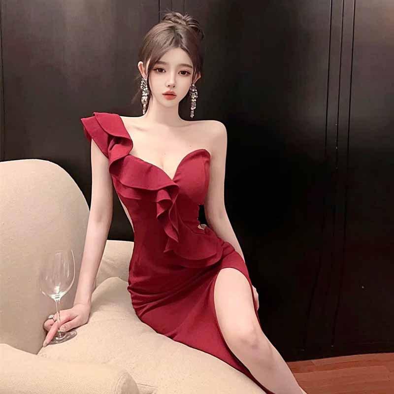 Vestido de Temperamento para Mujer Celebridad Elegante Hombro Descubierto Abertura