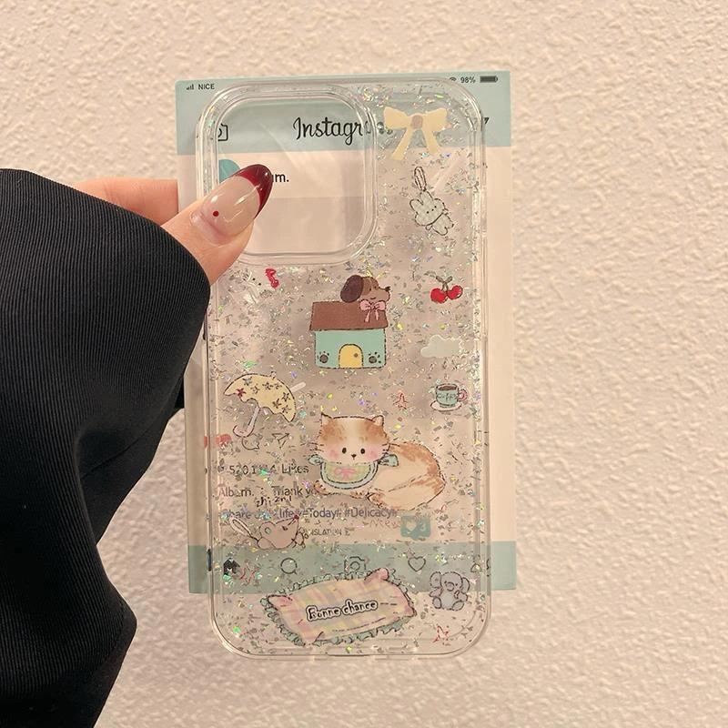 Fun and Cute Animals Are Suitable for Apple 16/17 Mobile Phone Case iPhone15 Silver Foil 13 Glitter 14 Large Holes IMD12