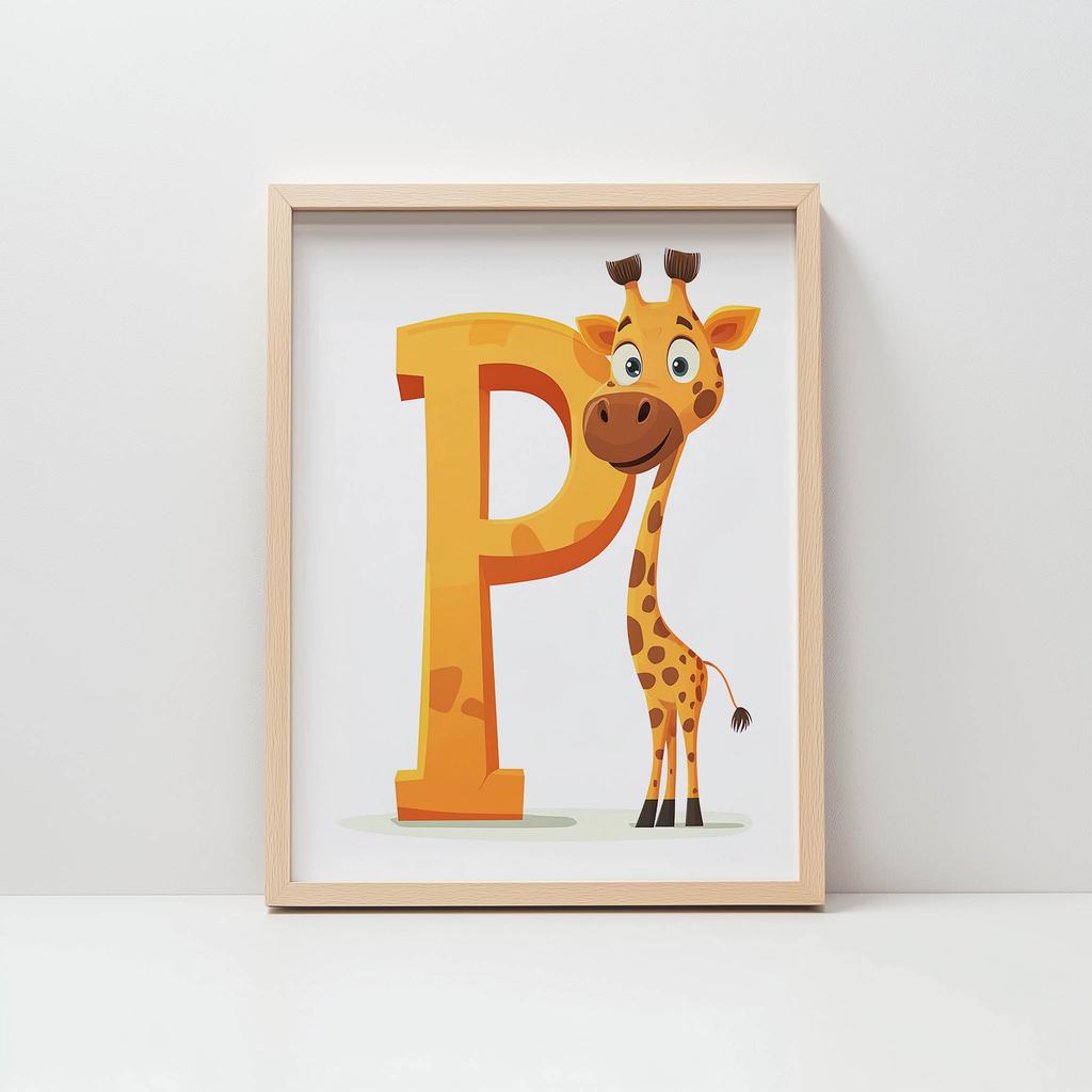 Plakat Wesoła Żyrafa Z Literą P Plakat Wesoła Żyrafa Z Literą P, 50X70 Cm, Bez Ramy, Płótno Premium Na Blejtramie