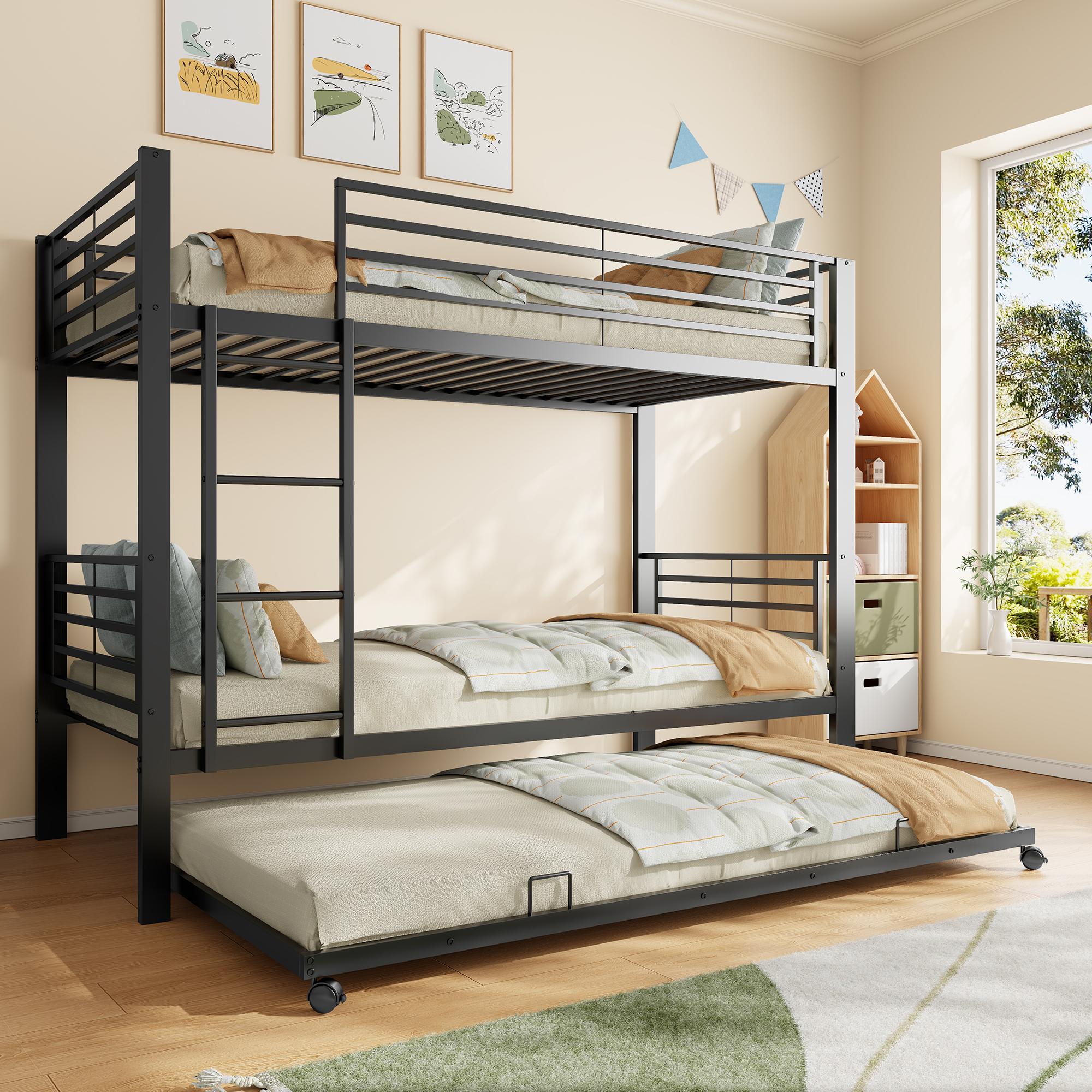 Litera Certificada EN 747 90x200 con Cama Extraíble, Cama Infantil de Metal con Protección Anticaídas y Escalera, Ahorro de Espacio para 3 Personas y Hermanos, Negro 204 x 95.5 x 160 cm negro