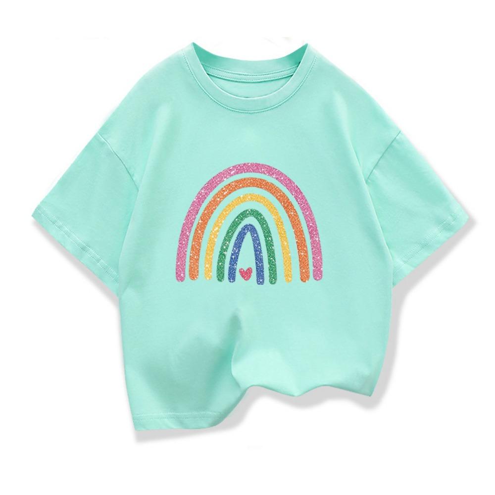 Baby Girl Summer White Clothes Kid Girls Casual Rainbow Printed T-shirts Children Fashion Crew Neck Short Sleeve Top