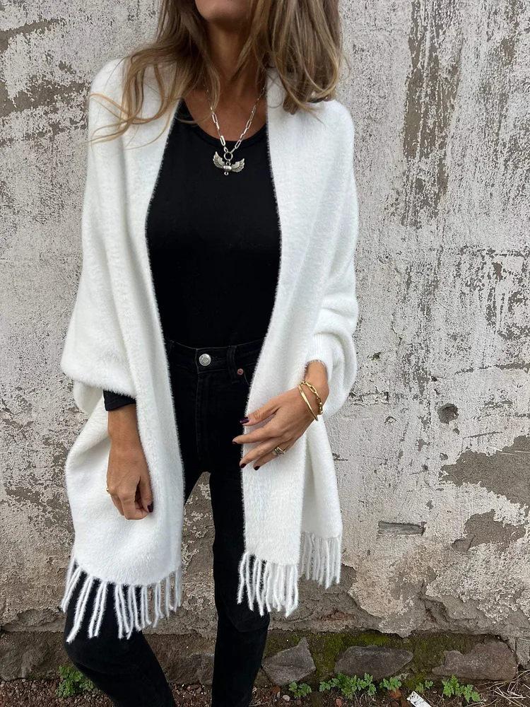 2025 Women's Casual Plush Knit Tassel Shawl Coat