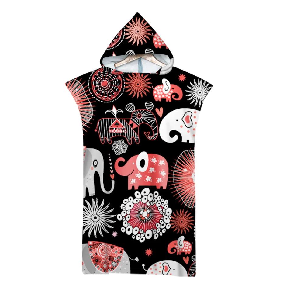 Hooded Bath Towel Robe Poncho Swimming Beach Towel Surf Man Lady Fast Quick Dry Bathrobe Beachwear-Floral Elephant Owl Pattern