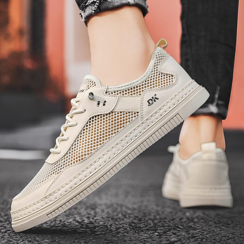 Men's Shoes Summer Breathable Thin Mesh Sports Leisure Teenagers One Pedal Hollow Mesh Shoes Small White Board Shoes Trendy Shoes