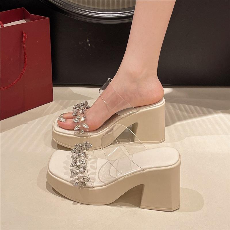 Fashion Block Heel Platform High Heel Slippers Women Summer New Rhinestone Sheer One Strap Outside Wear with Skirt Sandals