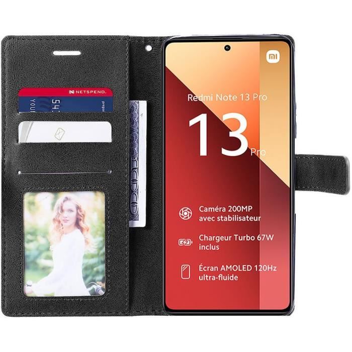 Coque pour Xiaomi Redmi Note 13 Pro 4G - E.F.Connection - Élégant Noir - Rigide - Rabat - Synthétique