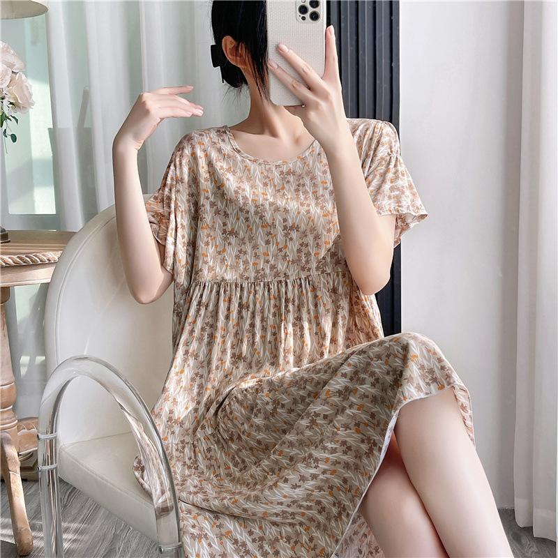 Cotton and silk nightgown women's summer thin short-sleeved cartoon printed pajamas can be worn outside long large size loose knee pajamas