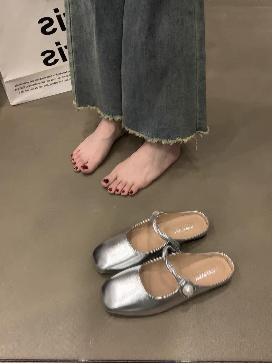 

Single shoes Mary Jane women s new 2024 spring and summer shoes temperament flat-bottomed bag head half slippers French outer half tray 40 срібний