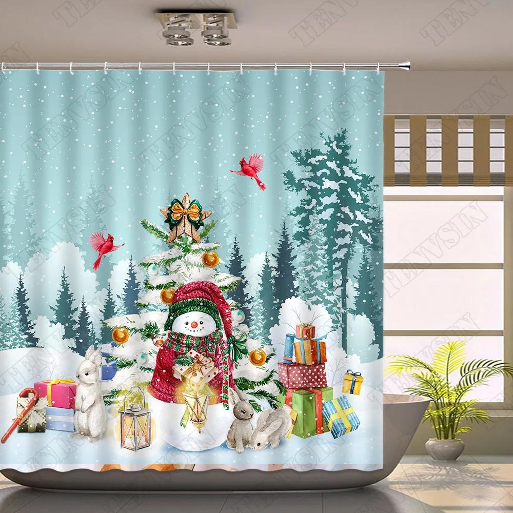 Winter Shower Curtain Snow Red Truck Pine Rural Snowman Scenery Fabric Cloth Christmas Decor Bathroom Curtain Bath Accessory Set