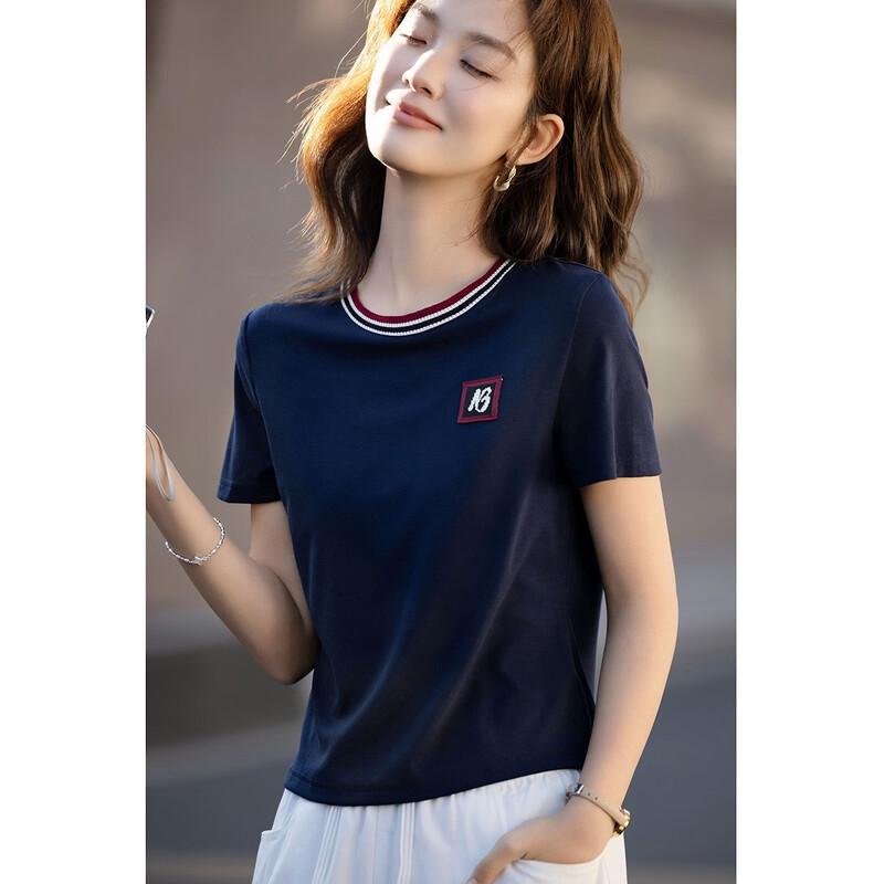 Demana Women s Ribbed Collar Letter Patch Short Sleeve T-Shirt M