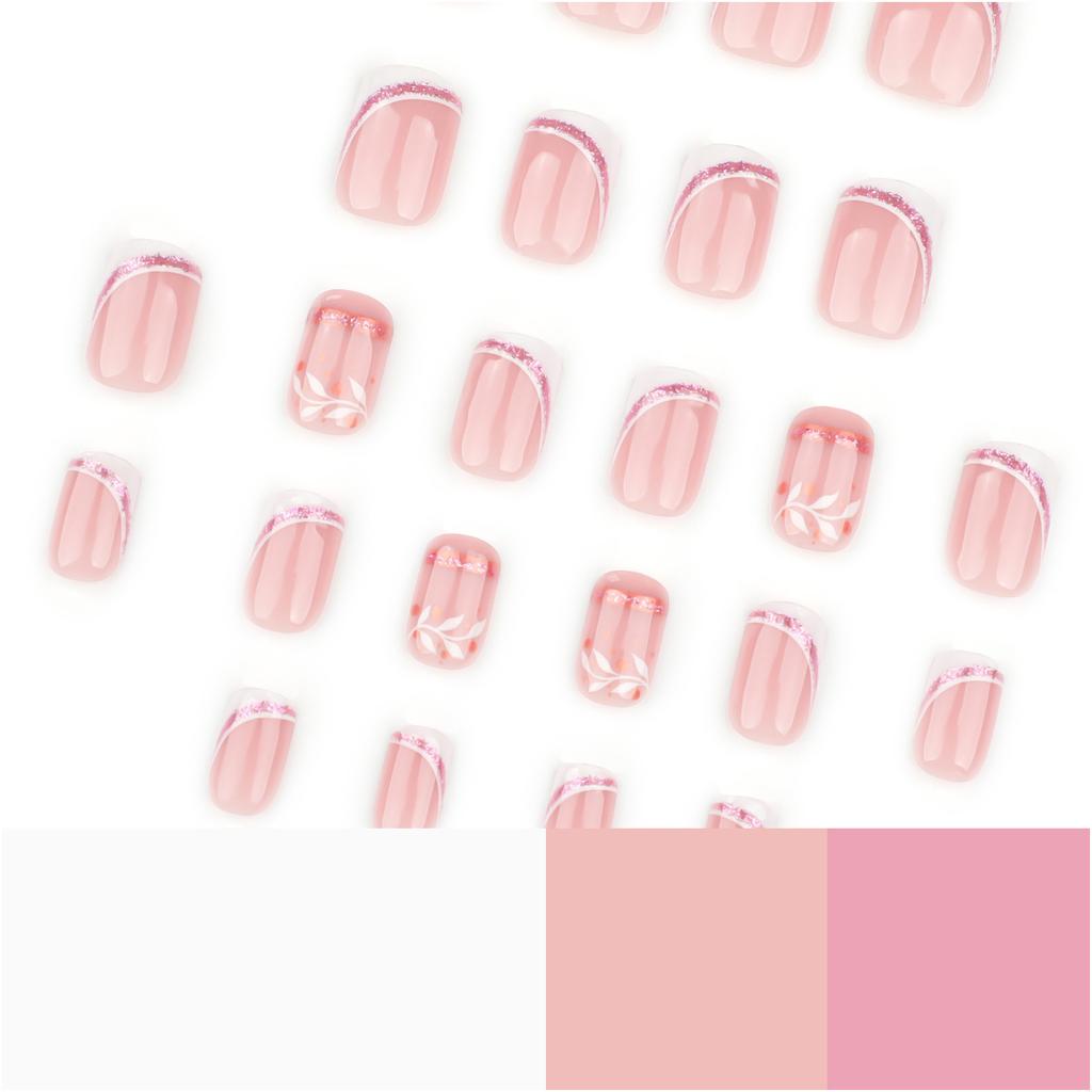 24 Pcs Short Square False Nail Leaf Artificial Nail French Tip Full Cover Stick On Nail Glossy Press On Nail for Woman