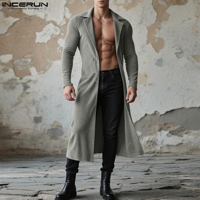 INCERUN Autumn Winter Men Lapel Neck Long Sleeve Open Front Long Corduroy Cardigan Coatsx