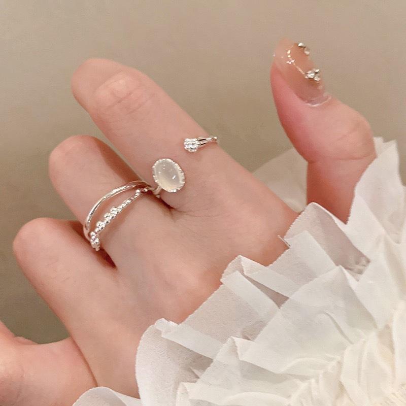 Moonstone Plain Ring Open Ring Women's Ins Style Light Luxury Niche Design Index Finger Ring High-end Sense Personalized Hand Jewelry